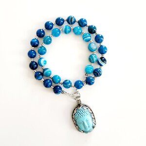 BLUE STRIPE AGATE NECKLACE W/ TURQUOISE BUDDHA--18"